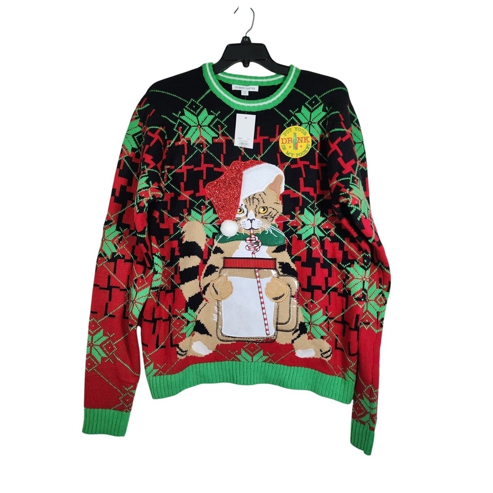 Celebrate Together NWT XL Ugly Christmas Sweater Cat Drink Pocket Party Tacky